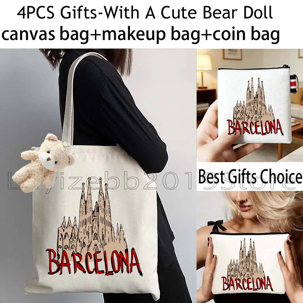 4PCS Gifts Eiffel Paris Barcelona Spain Rome Berlin White Canvas Tote Bag Handbag,Cosmetic Makeup Bag,Coin Purse Wallet Pouch