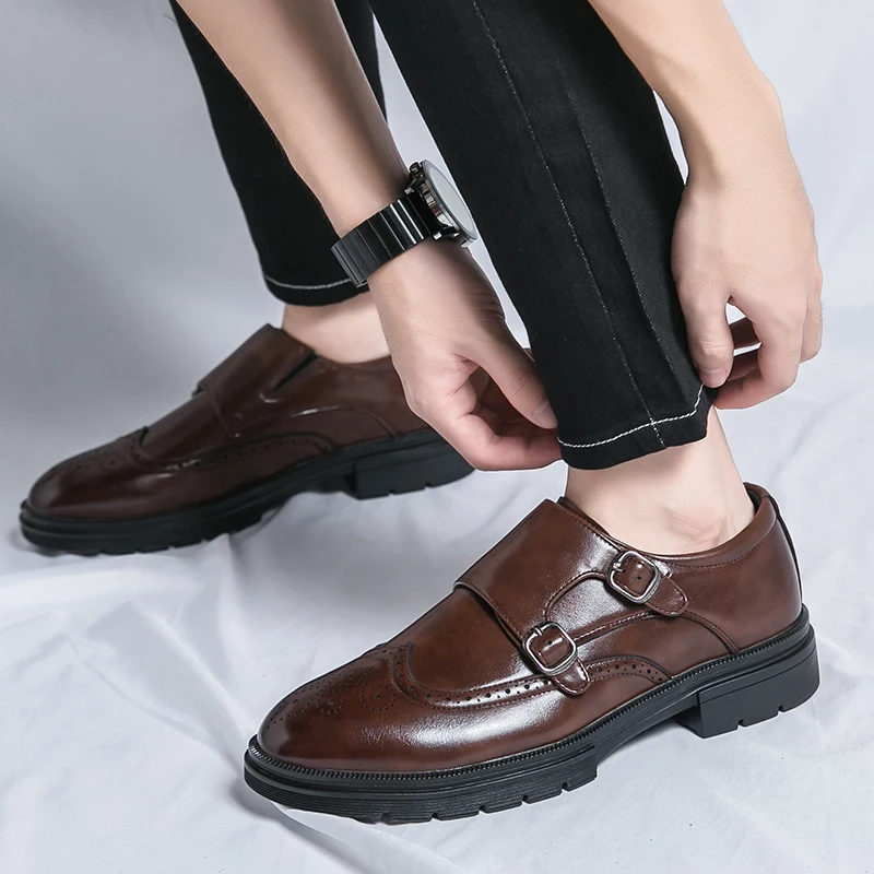 Spring New Fashion Men's Comfortable Leather Shoes Mengke Shoes Brand Business Carved Dress Double Buckle Groom Wedding Shoes