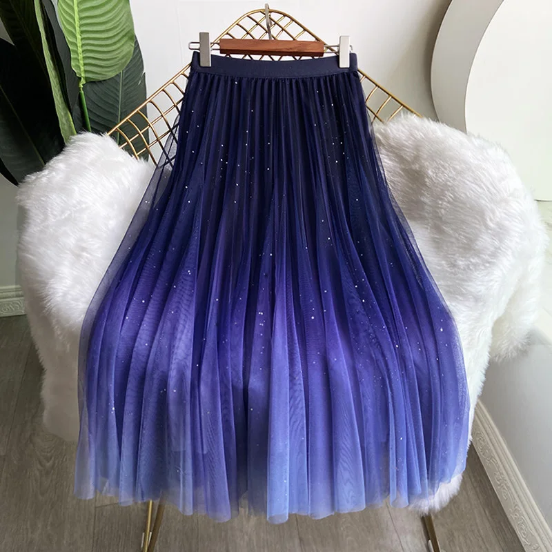 Shiny Sequin Midi Skirt Women's Autumn Winter New High Waist A- Line Net Gown Fairy Tale Skirts Gradient Color Starry Sky