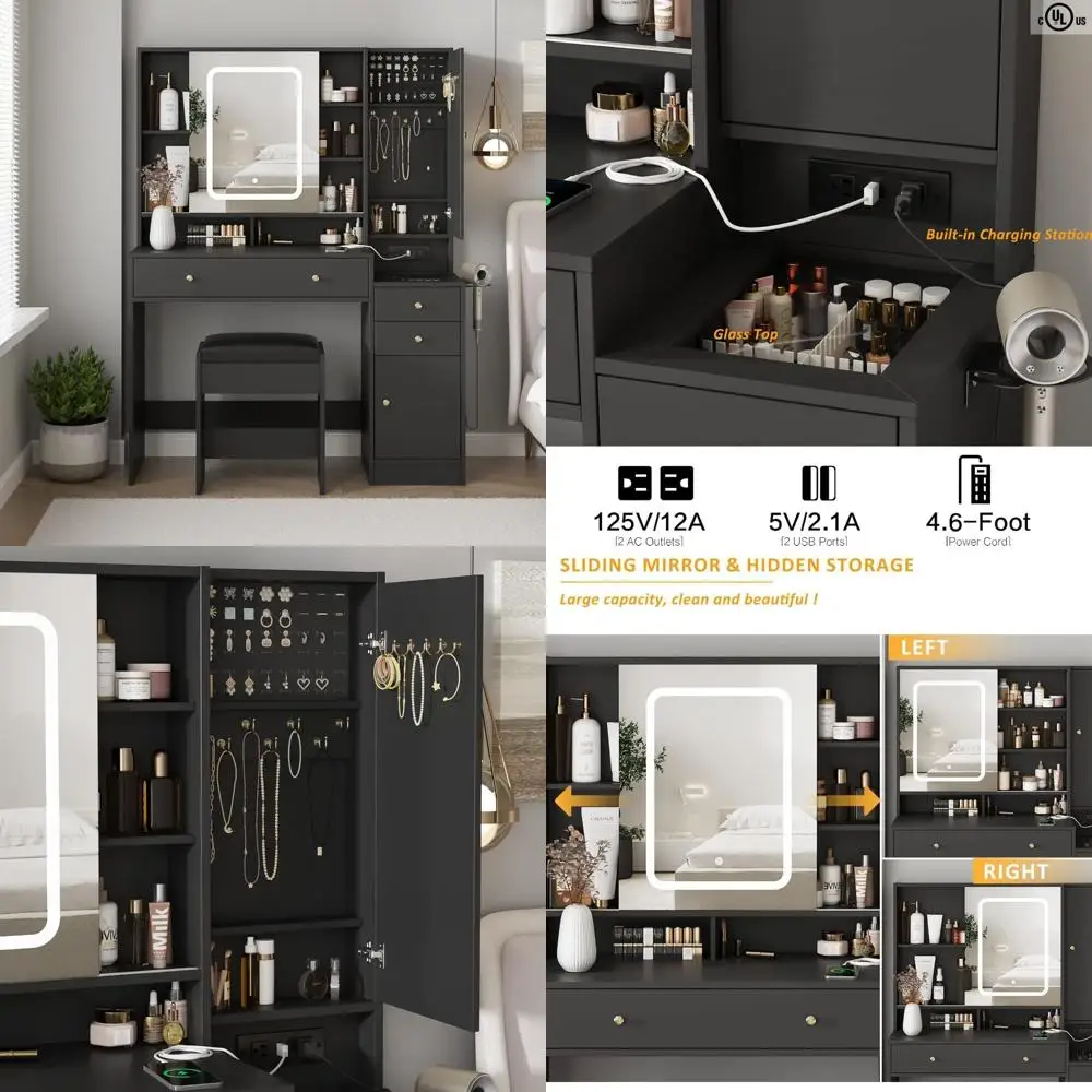 

Illuminated Vanity Desk with Mirror, 3-Drawer Makeup Vanity Table, and Charging Station