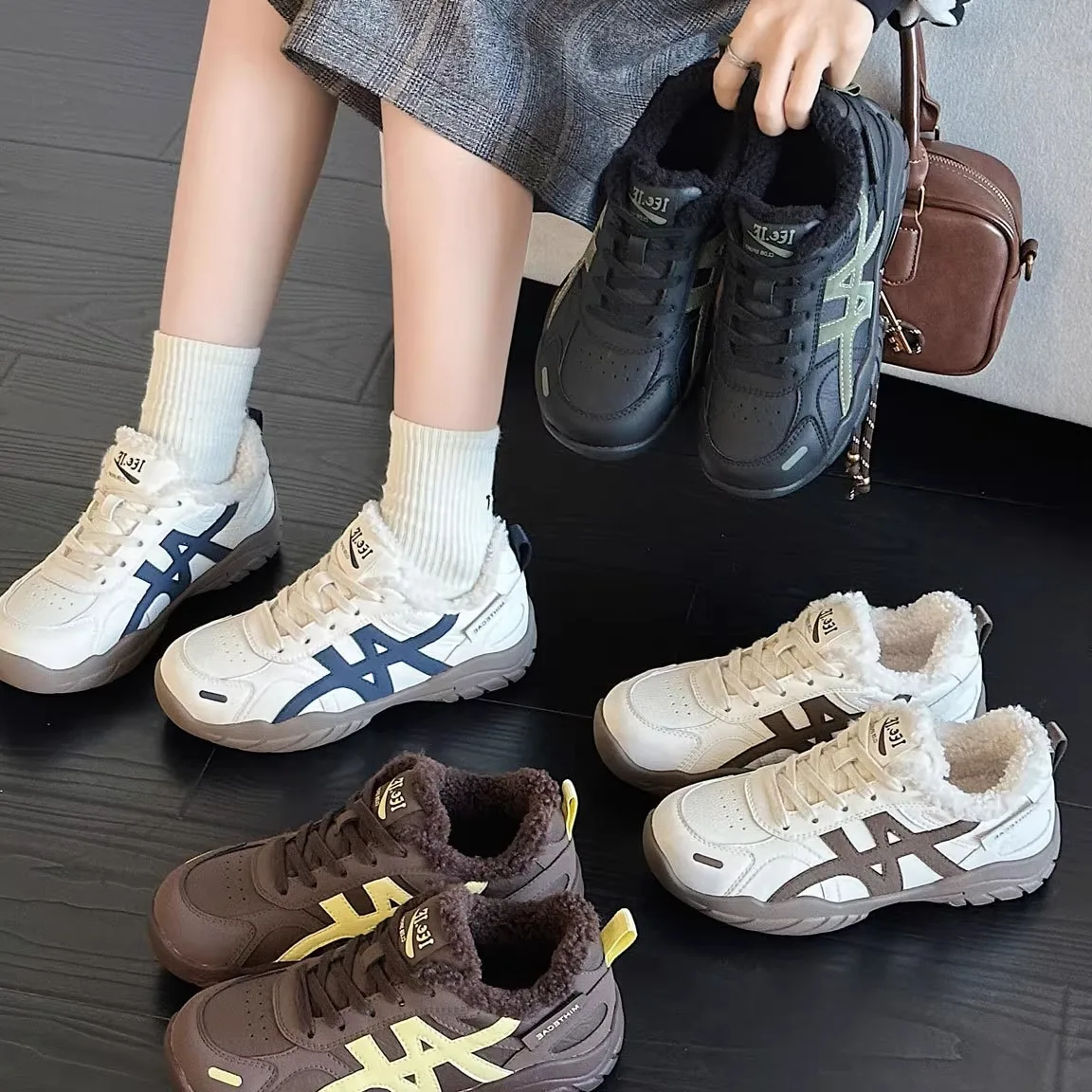 

Retro Genuine Leather Sport Shoes for Women Thick Bottom Flat Heel round Toe Rubber Bottom Warm Cotton Training Shoes