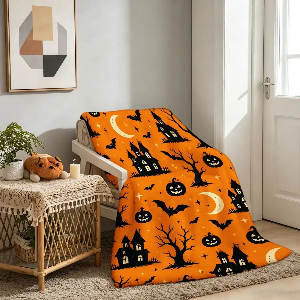 Halloween Throw Blanket Soft Fleece Blanket with Jack-O-Lantern Haunted House Bat Print Decorative Bedding for Sofa Living Room Bedroom Cozy Fall Holiday Gift Decor