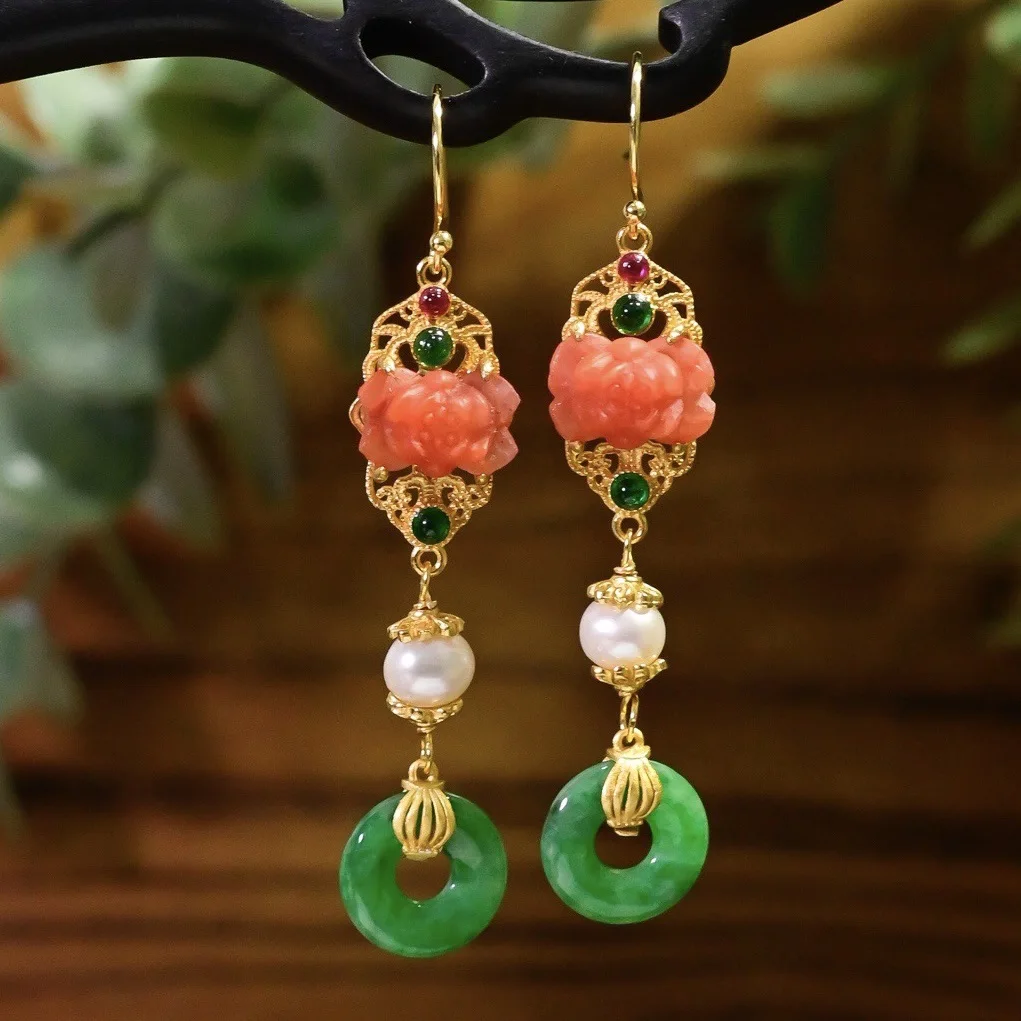 

A-Grade Intense Green Jade Donut Earrings, 925 Silver Gold Plated with Nanhong Lotus, Chinese Luxury Gemstone Jewelry Gift