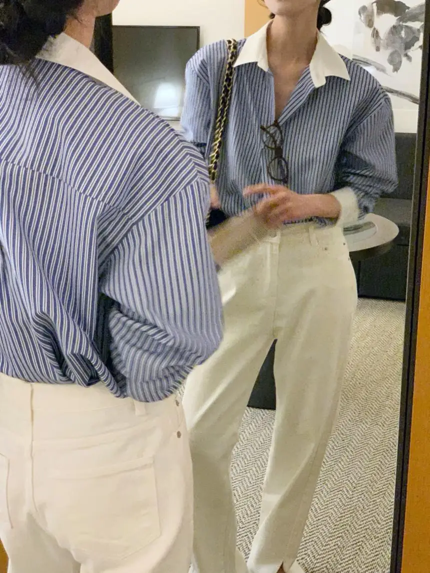 Casual Stripe Long Sve irt Women's Early Autumn ดีไซน์ใหม่ Small ence Faionable Ladies Premium irt