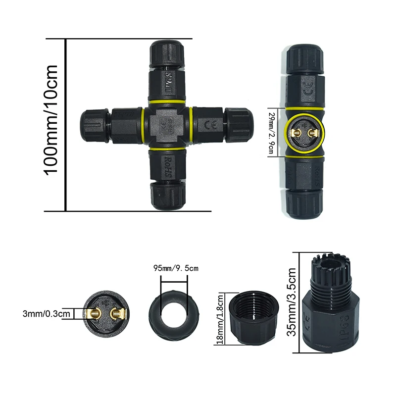 4-Way PA66 Nylon Straight-Through IP68 Waterproof Cable Connector, 2/3/4/5-Core Screw Terminal Wire Junction Box, Dustproof Seal