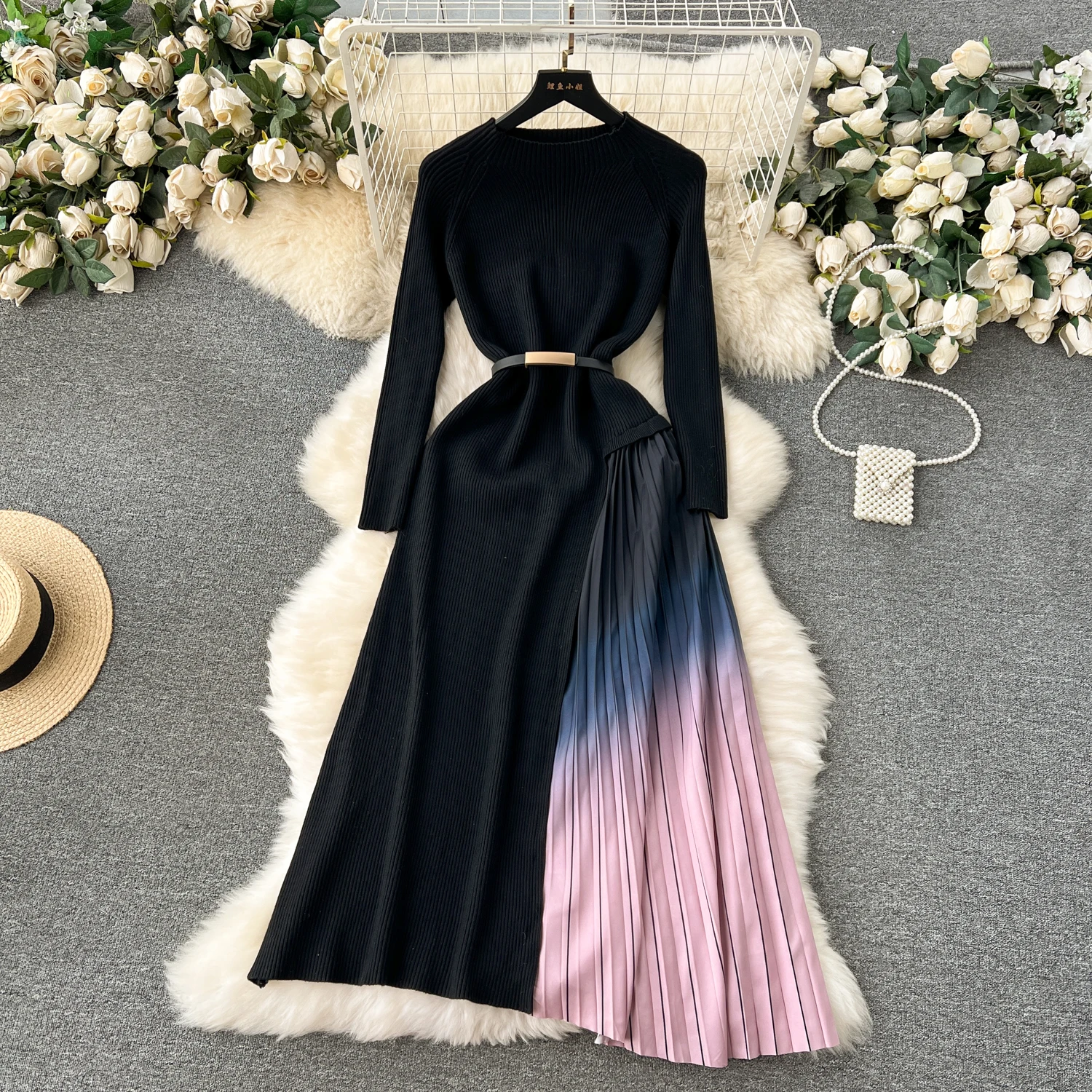 

Sexy Chic Gradient Pleated Elegant Long Sleeve Dress A-line High Waist Women Autumn Spring Vestidos