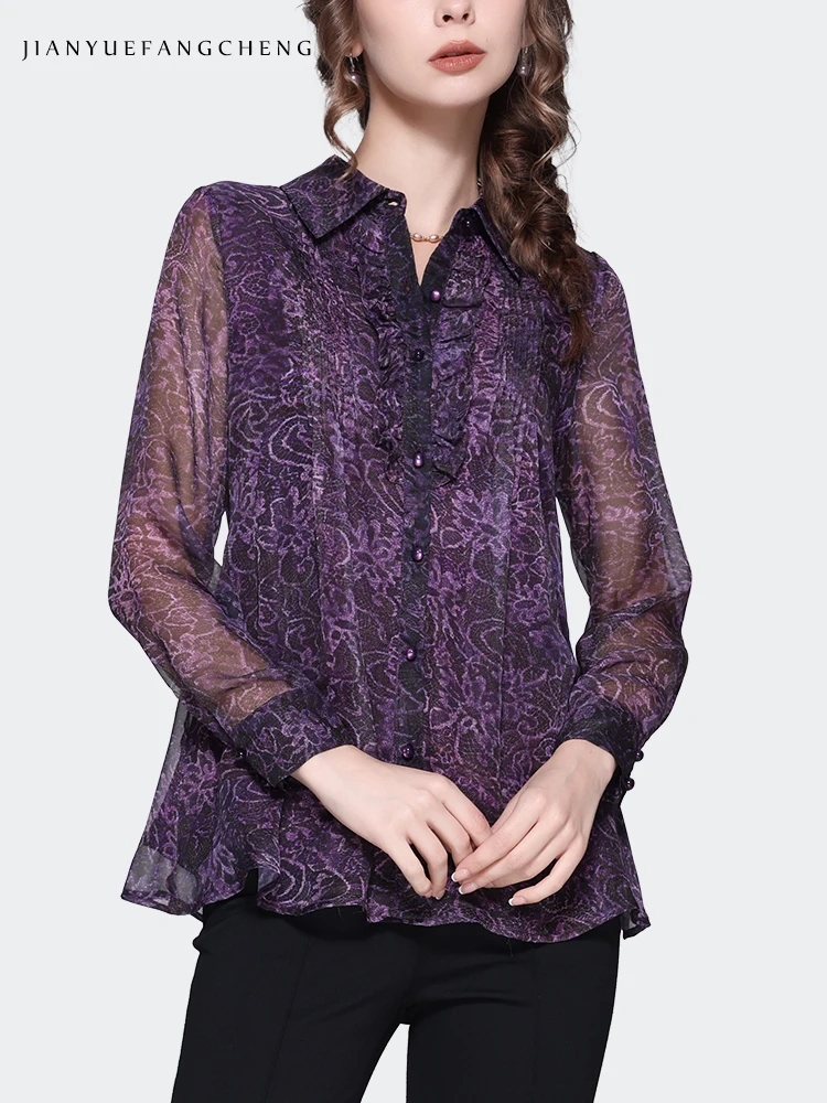 Fashion Long Sleeve Purple Chiffon Floral Blouse Women Sexy Turn-down Collar See through Tops New Summer Loose Casual Shirts