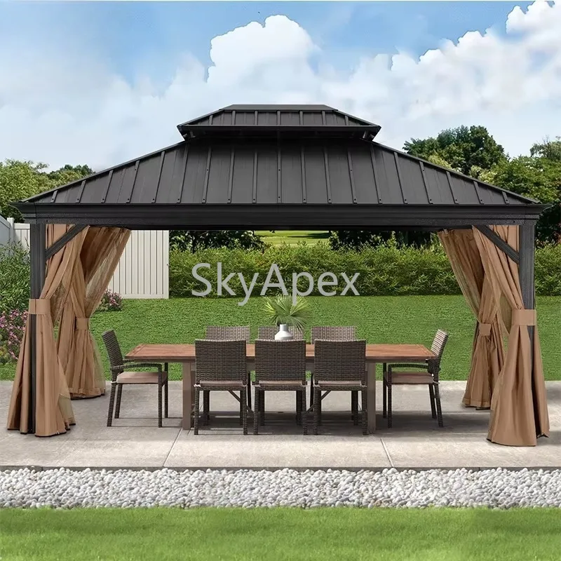 Double  Top Hardtop  Gazebo Outdoor Iron Metal Pergola  With Nettings Windproof  UV Resistant Weatherproof Garden Patio Backyard