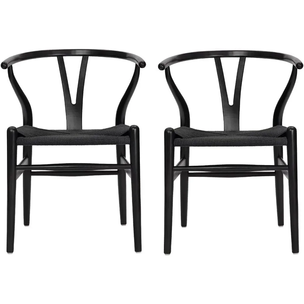 كراسي Y من الخشب الصلب على طراز منتصف القرن مع مساند للذراعين، مجموعة من 2، لمسة نهائية من الخشب الأسود، وسادة مقعد من القنب