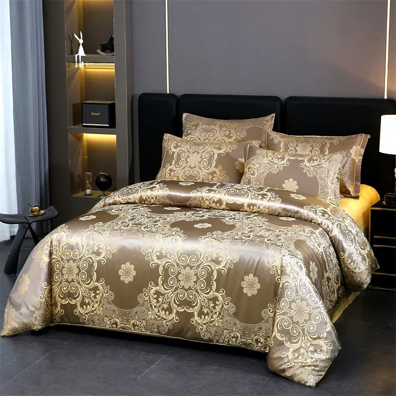 Double Queen Damask Jacquard Satin Duvet Cover 4Pcs Luxury Silk Like Bedding Comforter Cover with Zipper 1Bed Sheet 2Pillowcases