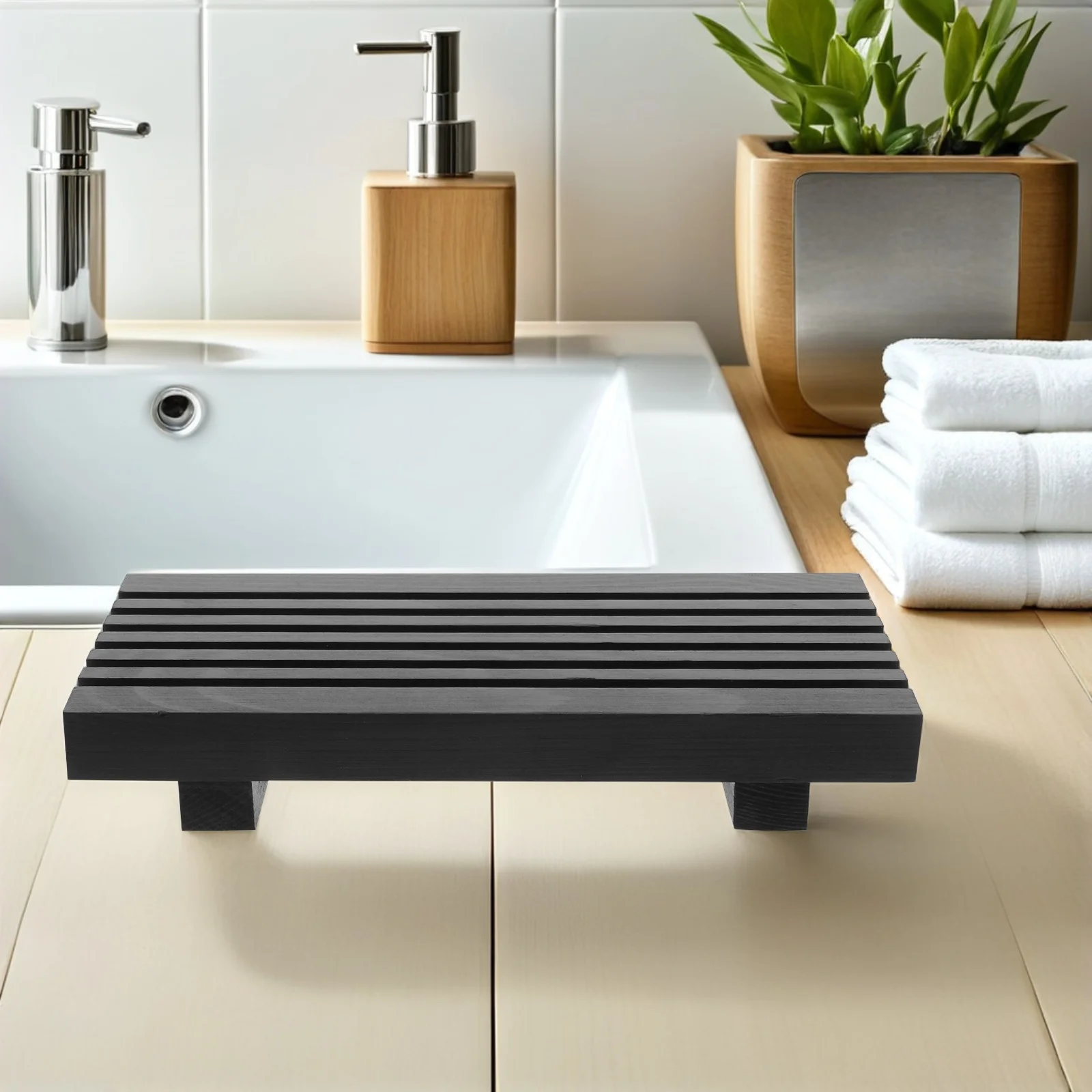 

Bathroom Wooden Tray Dish Display Stand for Vanity Rustic Counter Storage Rack Sink Riser