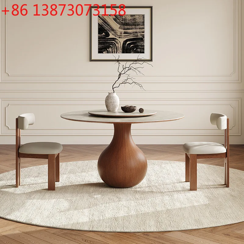

Retro solid wood dining table Small apartment wabi-**** medium antique walnut designer dining table French round rock slab dinin