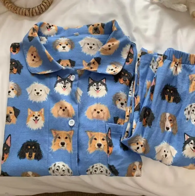Women Cartoon Puppy Pajamas Set Cute Cotton Homewear Autumn New Long Sleeves 2 Pcs Shirt&pants Loungewear Loose Sleepwear