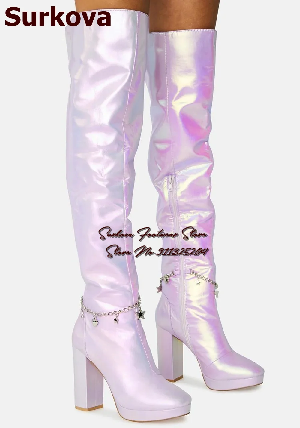 Surkova Lilac Fluorescent Fairy Star Thigh High Boots Chunky Heels Platform Ankle Chain Metal Ddecorated Over-the-knee Boots