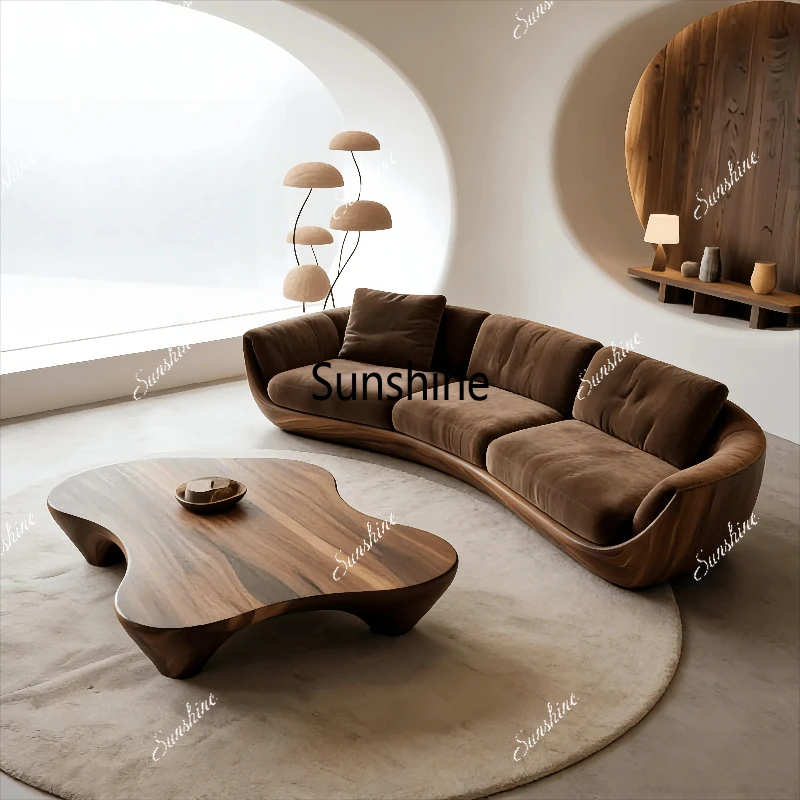

New Chinese style, solid wood sofa living room, classic retro light luxury leather cloth straight row living room