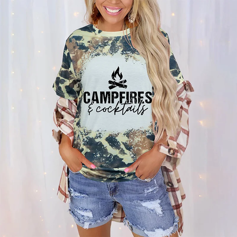 Campfires And Cocktails Bleached Tie dyed  Graphic Tee short sleeve women's casual loose round neck T-shirt