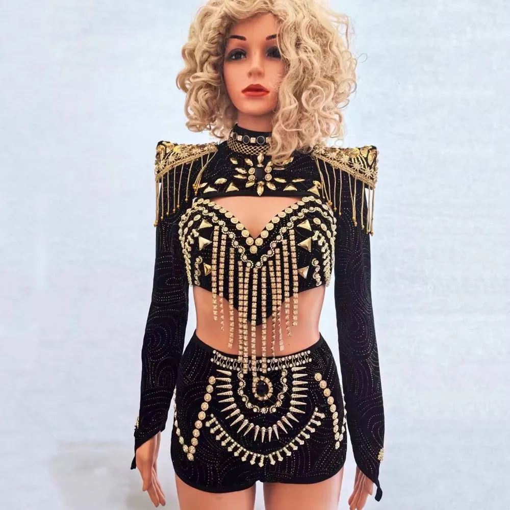 Women's Slim Black Velvet Drag Queen Costume with Tassel Shoulder Pads Bikini Set for Bar Nightclub Concert Jazz Dance Outfits