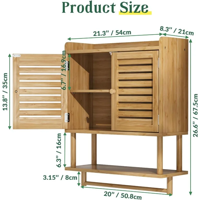 Bathroom Wall Cabinets, Large Bamboo Medicine Cabinets with Towel Bar, Hanging Over Toilet Storage Organizer Cabinet