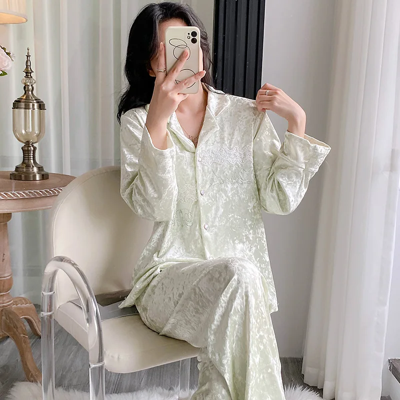 

Sexy Lace Edge Pajamas Autumn Winter Velvet Nightwear Long Sleeved Pants Sleepwear Sets Fashion Lapels Home Wear Warm Loungewear