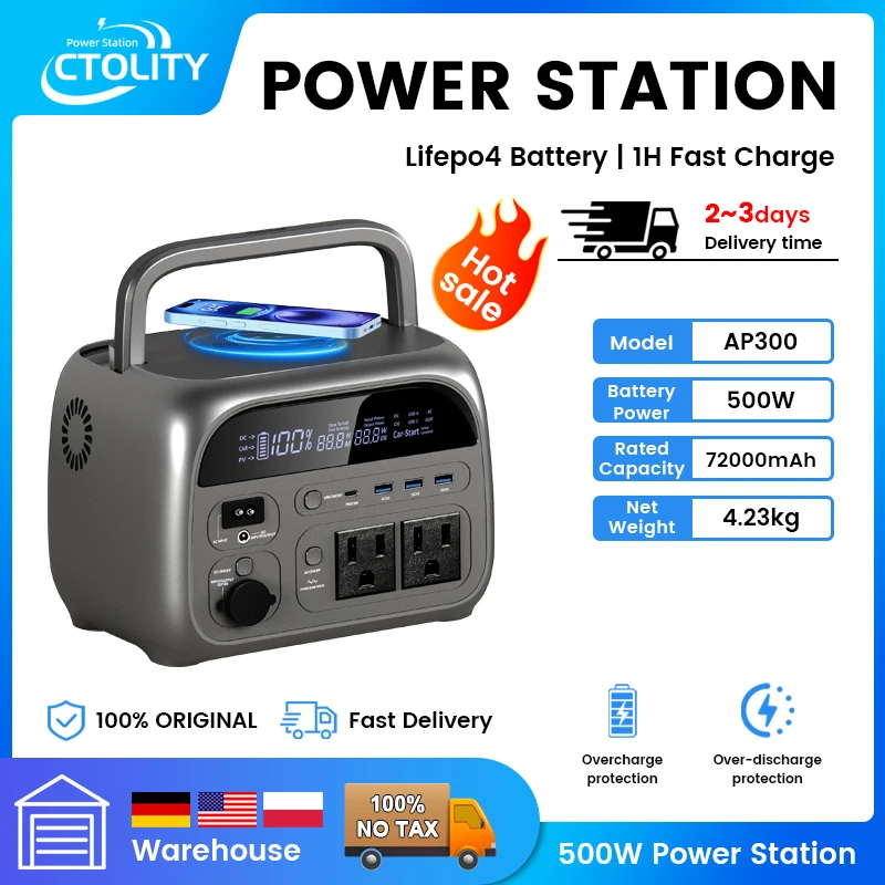 Ctolity 500W Portable Power Station 230Wh Lifepo4 Battery Wireless Charing 110V AC Outlets Warehouse Shipping Pure Sine Wave