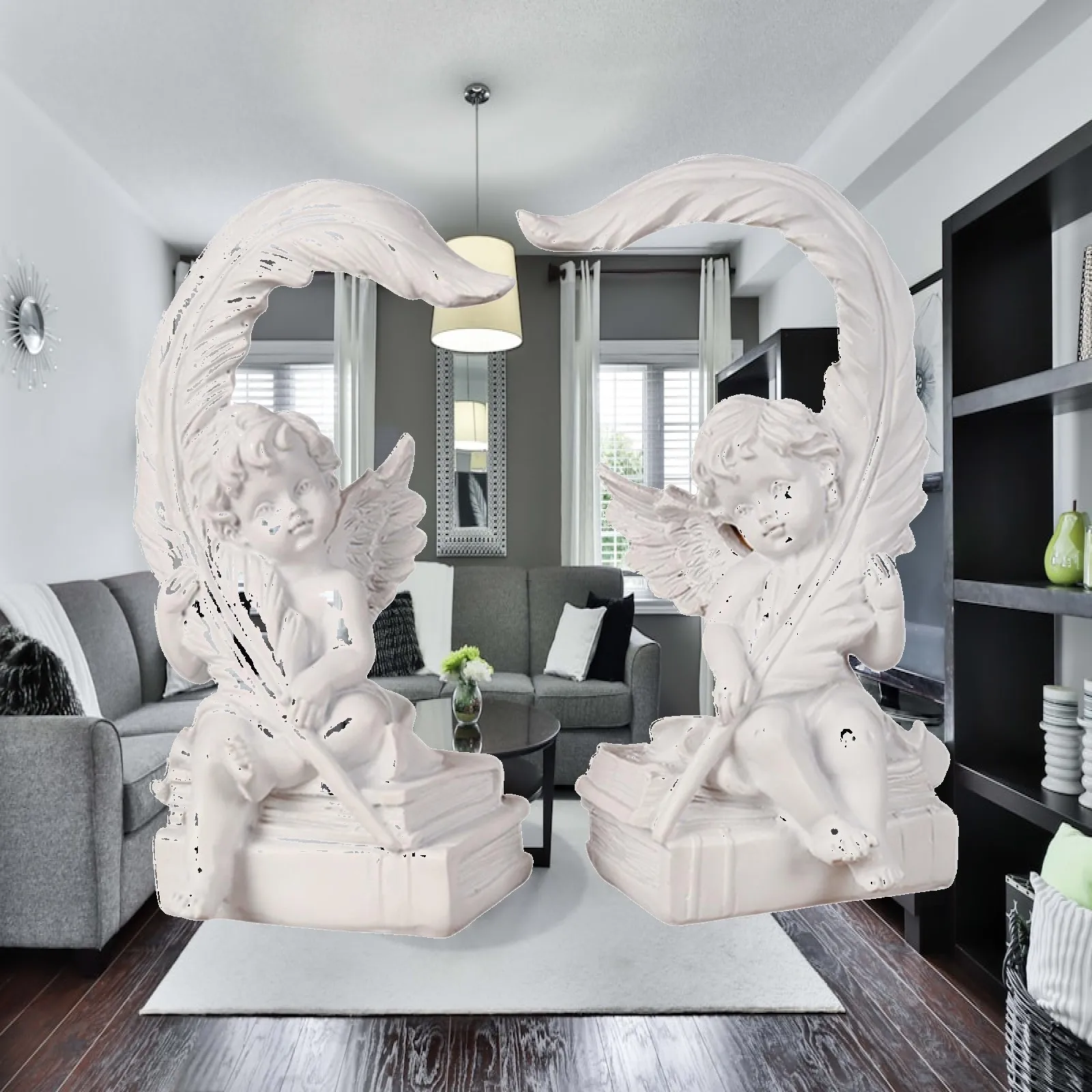 2x Angel Statue Figurines Cherub Sculptures Collectible Office Bookshelf Indoor Desk Figures for Club Party Kitchen Hotel Bar