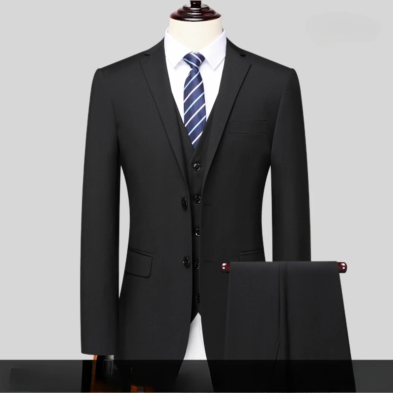 S-6XL Balck Gray (Blazer+ Vest+ Pants ) Men Business Formal Suit Slim Fit Gray Black Navy Blue 3-piece Suit Groom Wedding