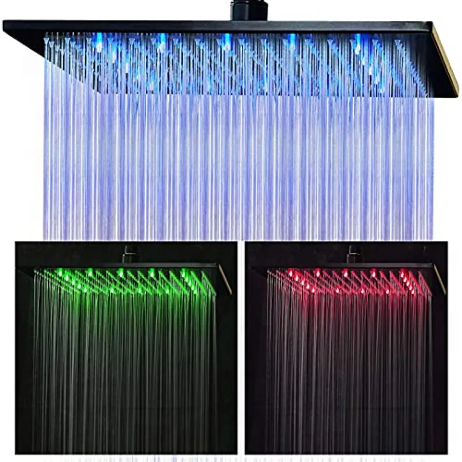 

LED Rainfall Shower Head High Pressure 12 Inch Black LED Rain Shower Head Anti-leak Large Square Ceiling Mount LED Shower Head