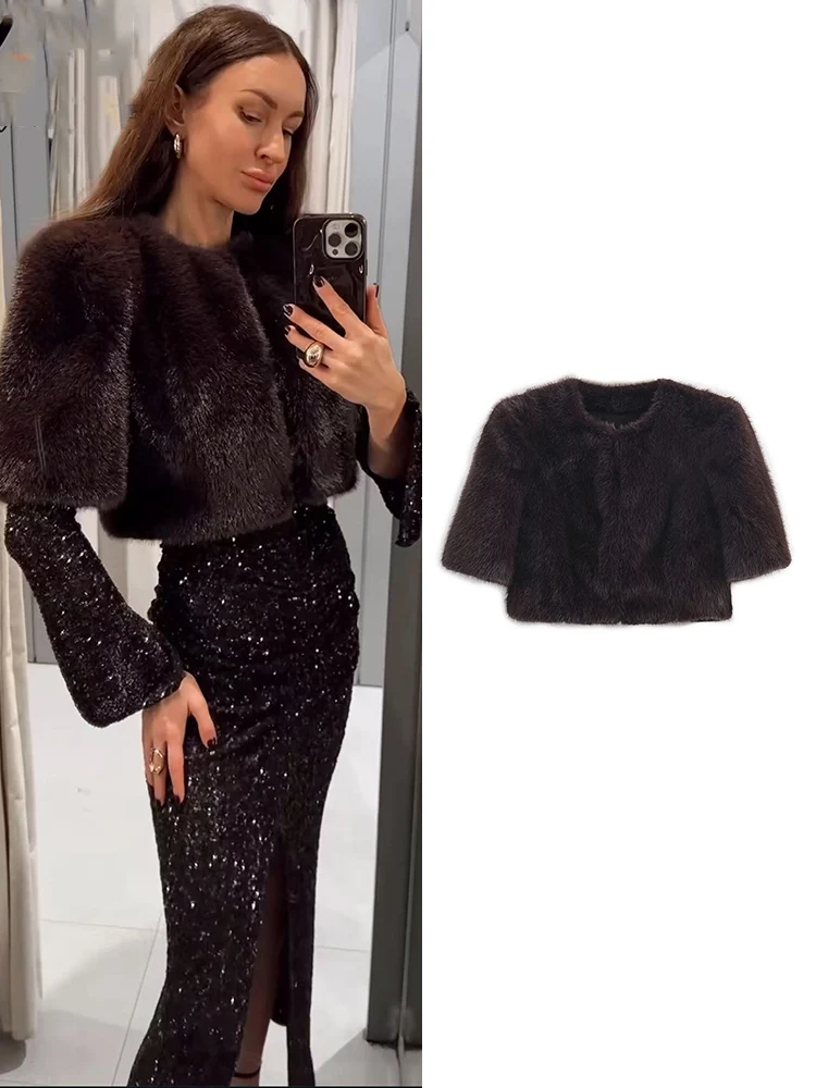 TFMLN Women's Fashion Faux Fur Coat Autumn Winter Short Sleeve Faux Fur Fluffy Jacket High Street Ladies Furry Short Coats