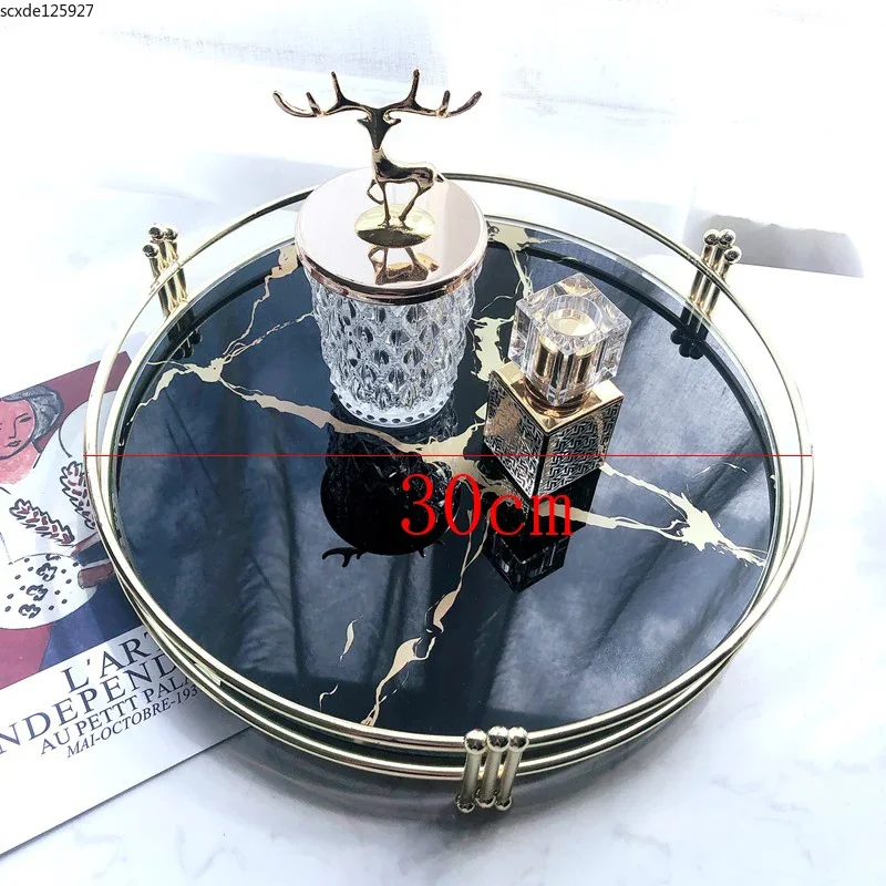 Creative Black Marble Pattern Mirror Tray Cosmetics Jewelry Storage Tray Metal Round Plate Dressing Table Living Room Decoration