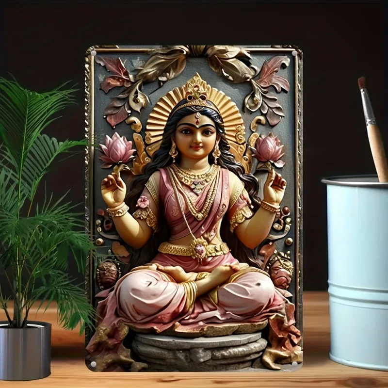 

Hindu - Inspired Aluminum Sign: Exquisite Lakshmi Artwork with Lotus Motifs, Great for Spiritual and Aesthetic Home Decor