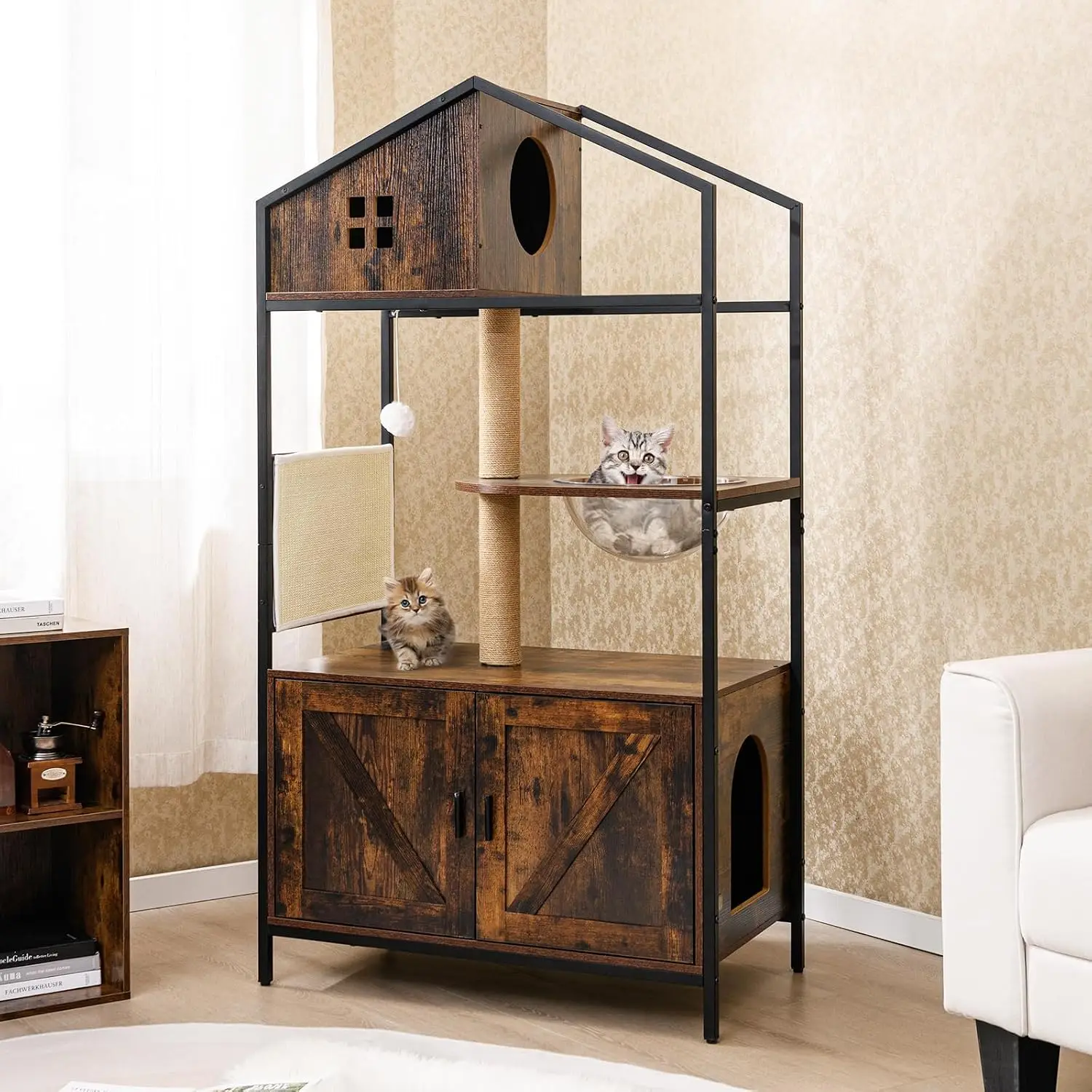 Cat Litter Box Enclosure with Condo, Jute & Sisal Scratching Posts, Space Capsule, Detachable Pad, Dangling Ball, Customized