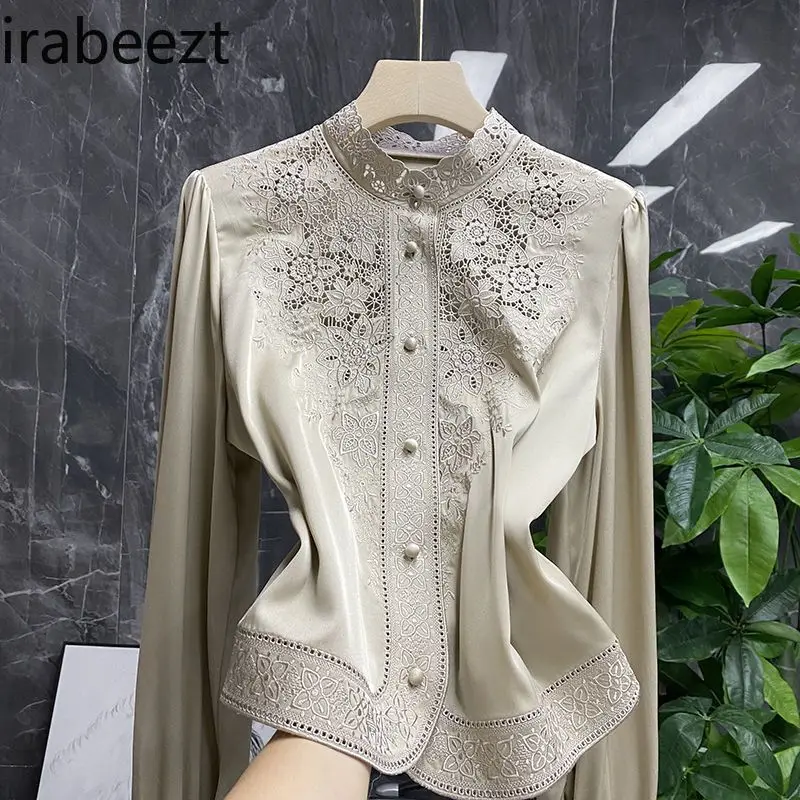 

Elegant Embroidered Blouse Women's 2025 Spring New Arrival Palace Style Stand Collar Hollow Out Chiffon Shirt Lady High-End