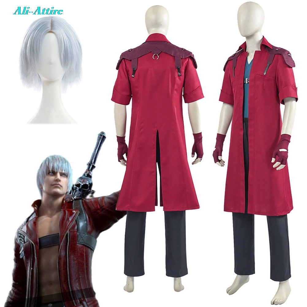 

Game DMC 5 Dante Disguise Red Clothes Wig Hallowmas Party Disguise Uniform Costume Carnival RolePlay Outfits Suits For Men Adult