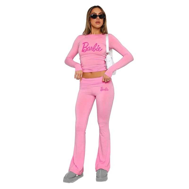 Seamless Kawaii Barbie Girls 2Pcs Sport Outfits Anime Cartoon Women All-Match Casual Gym Slim Long Sleeves Trousers Tracksuit