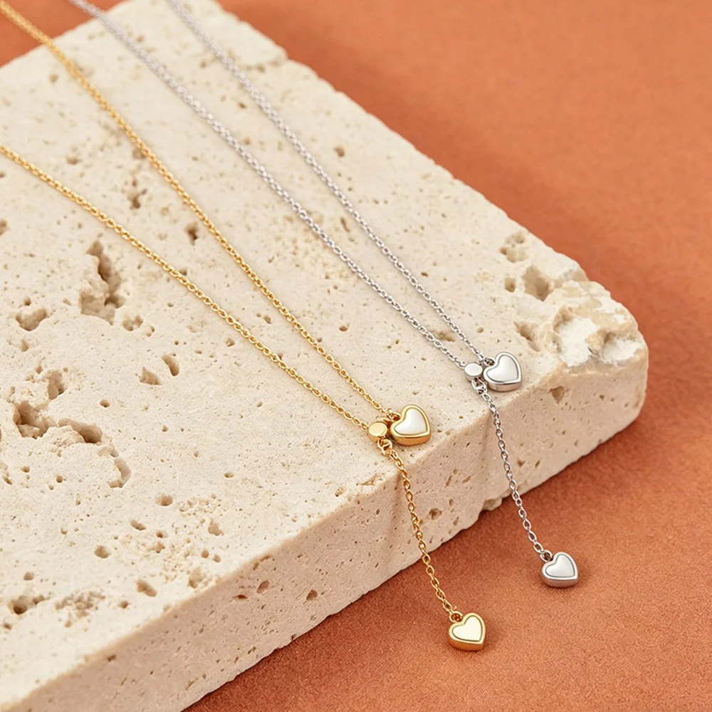 JeeMango Halskette mit Anhänger aus natürlicher Muschel, doppeltes Herz, für Damen, goldfarben, Edelstahl, klassischer Halsschmuck, wasserdicht, N26037 – Detail 5