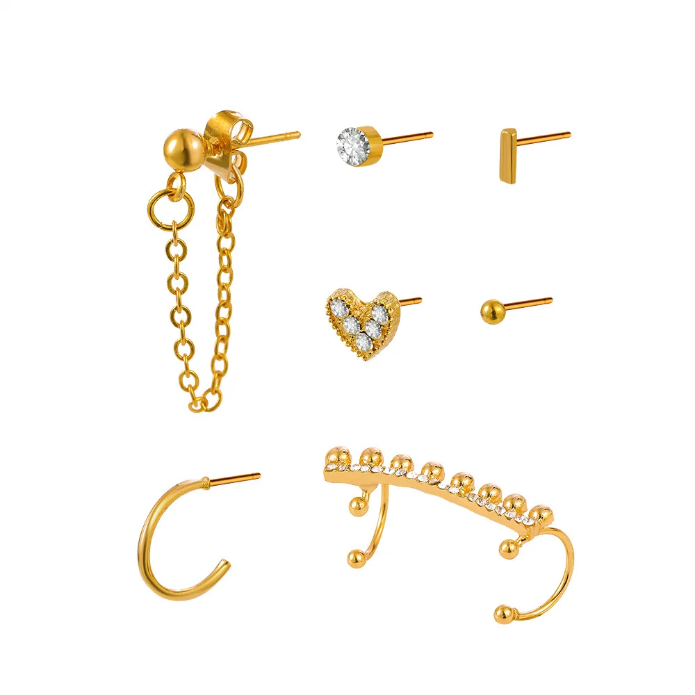 

Simple Stud Earrings Golden Beads Sweet Crystals Love Heart Long Tassels Pendant Chain C-type Stud Earrings Women Product