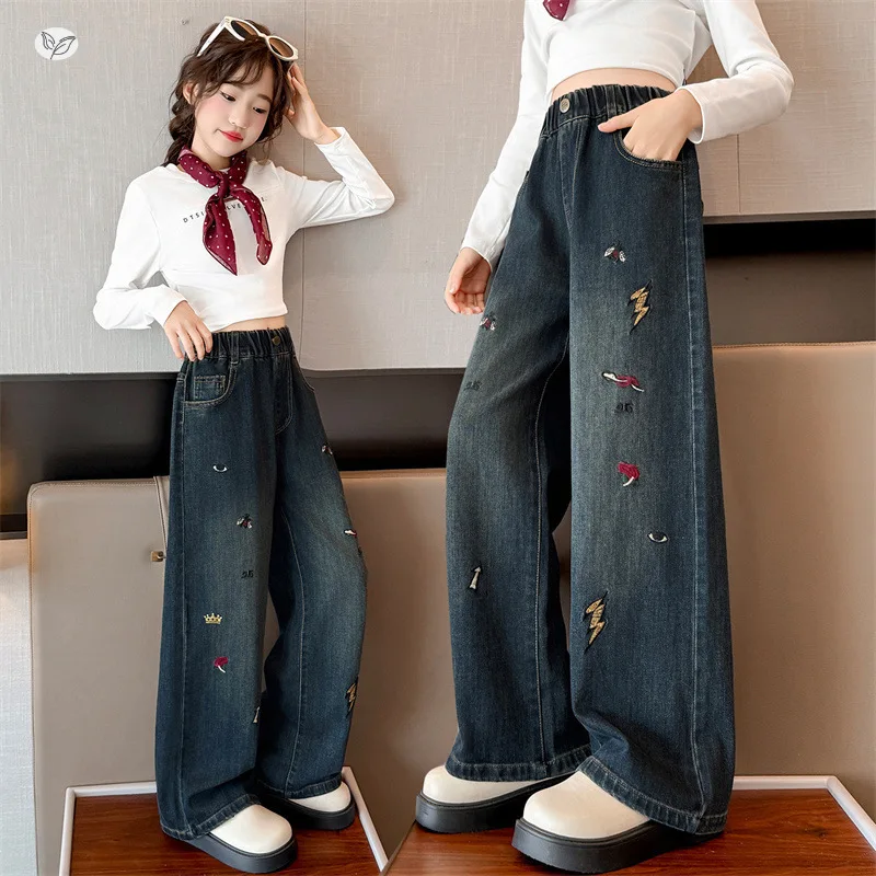 

Girls' Retro Wide-Leg Jeans, Embroidered Denim Pants, Denim Trousers for Fall, Suitable for Ages 7-14Y, Back-to-School