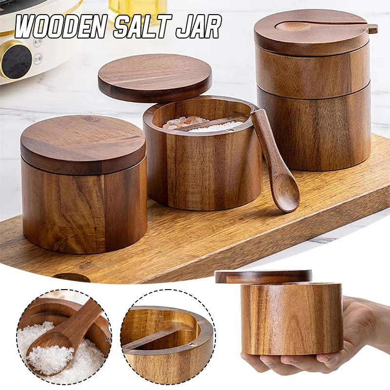 

Compartment Stored Wood Salt Box With Swivel Cover, Spice Box Round Container for Kitchen Countertop, Equipped With Wooden Spoon