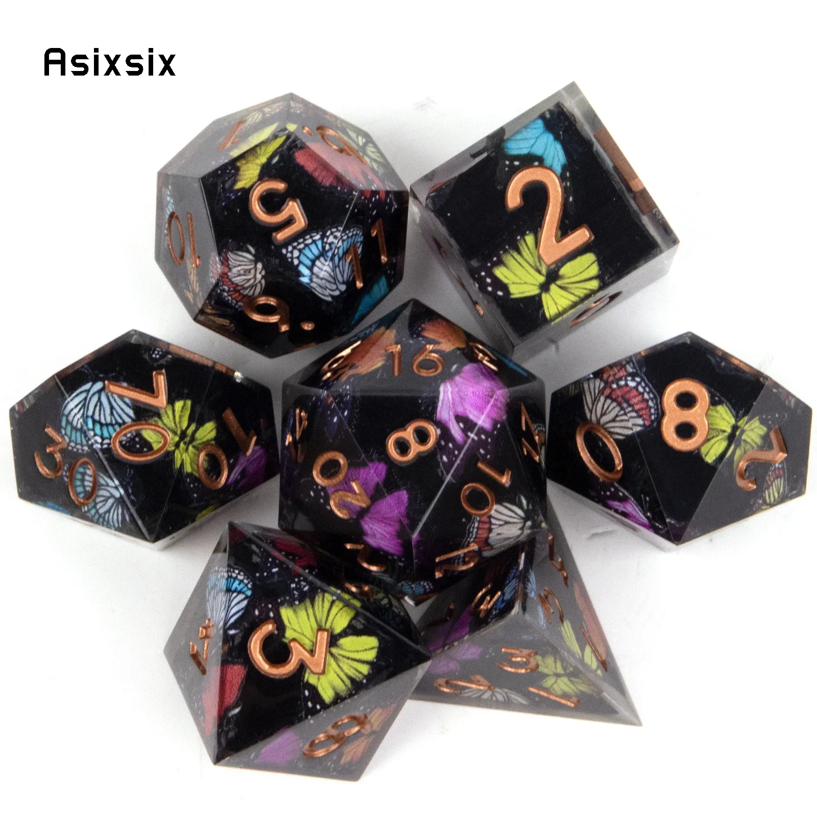 

7 Pcs Colorful Black Butterfly Resin Golden Number Sharp Edge Dice Polyhedral Dice Suitable For Role-Playing DICE Prop