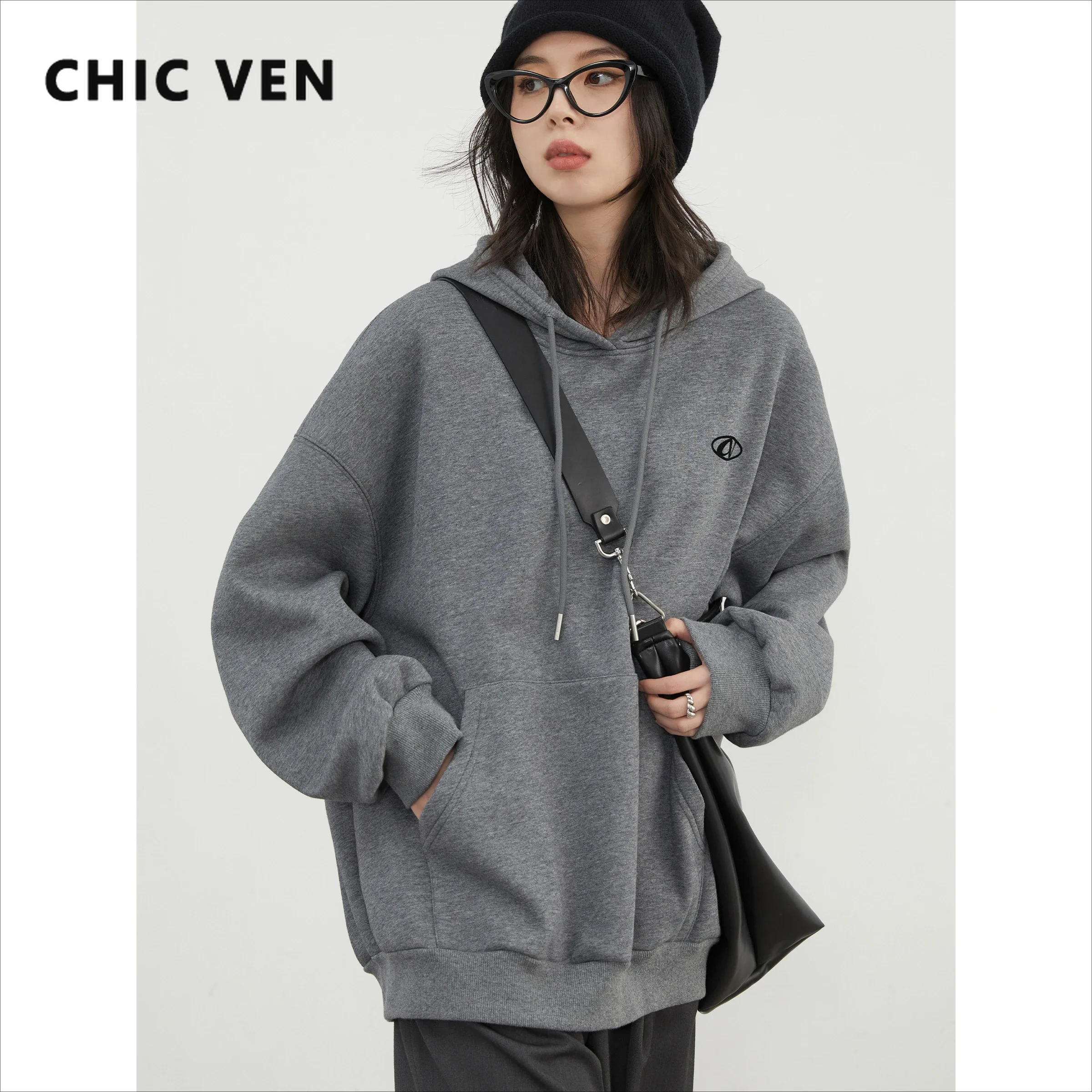 CHIC VEN Women Sweatshirts Streetwear Hoodies Loose Casual New Hooded Sweatshirt Drawstring Plush Female Tops Autumn Winter 2024