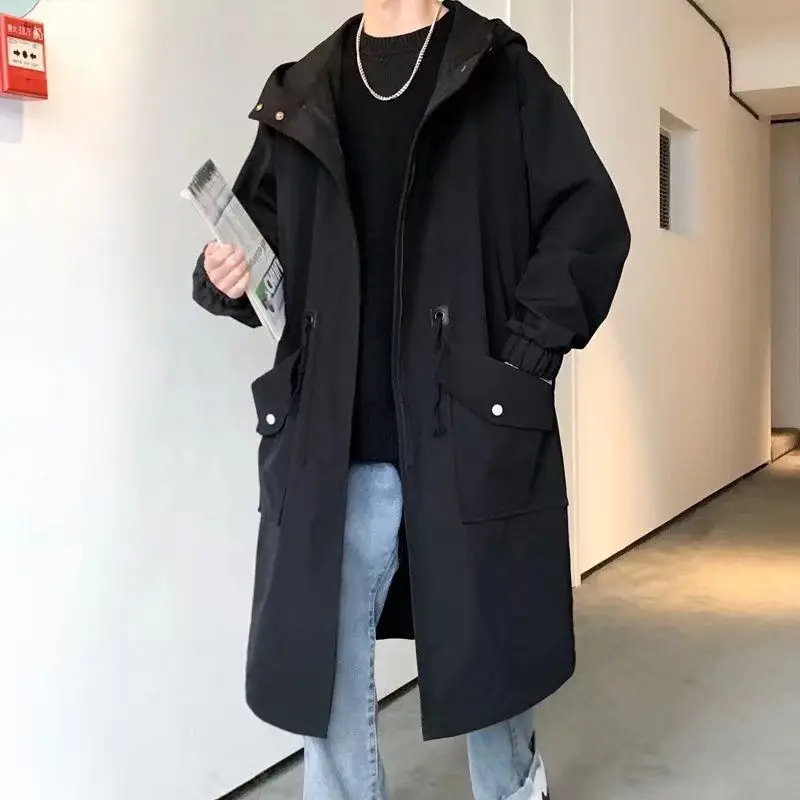 Spring Trench Coat Men's Long Coat Over Knee Trendy Youth Hooded Coat Loose Plus Size Handsome New Spring Outfit