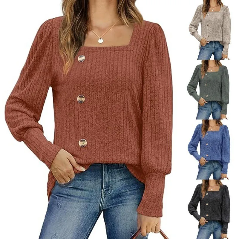 

Women Blouse Longsleeve Women's Ribbed Knit Blouses Square Neck Solid Color Top Button Front Side Slit Crop Long Sleeve Top