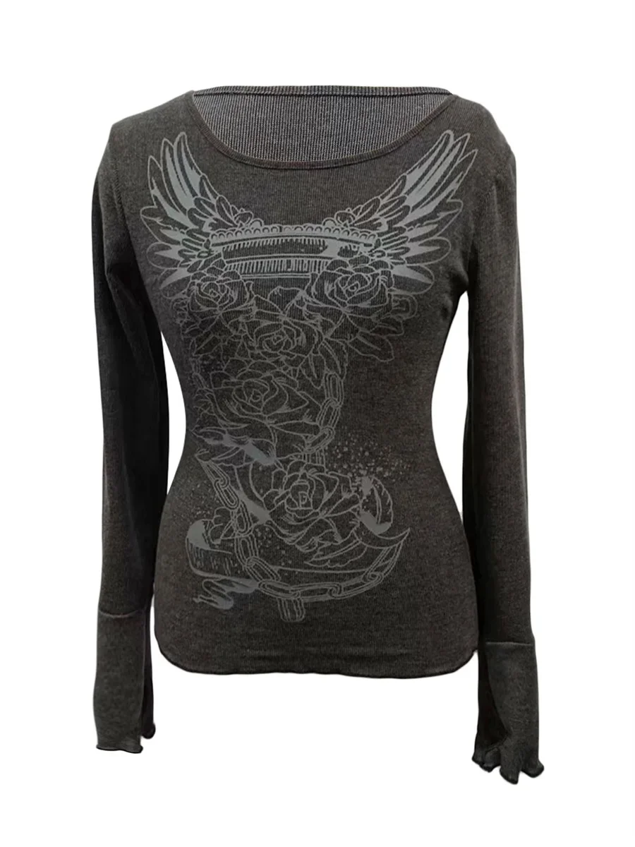 Women Fashion T-shirt Vintage Grey Long Sleeve Crew Neck Flower Print Slim Fit Ladies Tops for Casual Daily 2024 New Streetwear