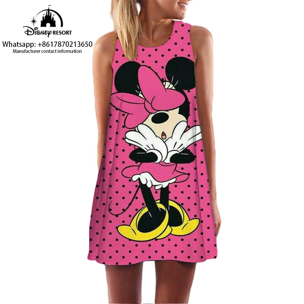Women\'s Knee-length Dress Mickey Mouse Cartoon Print Summer Home Casual Dress Cute Minnie Pattern Sleeveless Dress
