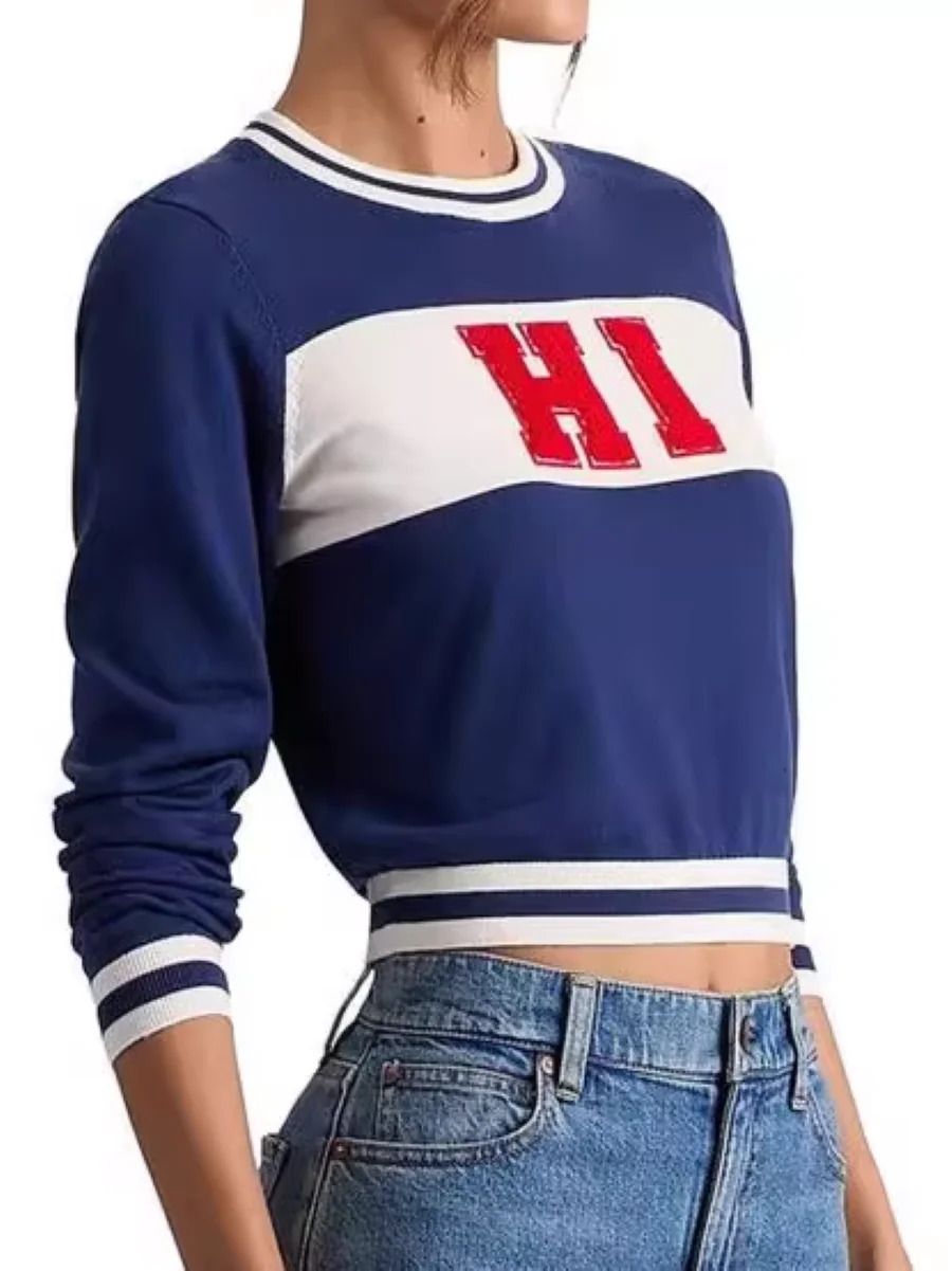 

Letter Flocking Print Women's Blue Sweater Round Neck Long Sleeve Loose Female Knitted Pullover