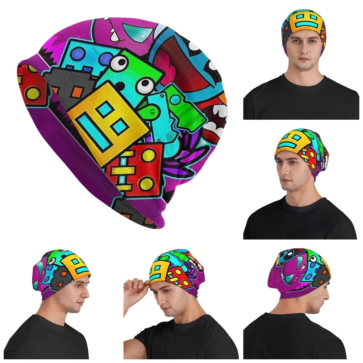 Video Game Geometry Dash  Men Women Adult Beanies Caps Knitted Bonnet Hat Warm Hip Hop Autumn Winter Outdoor Skullies Hats