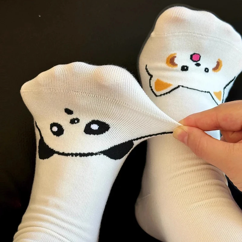 

4 пары носков средней длины с принтом кота и панды для девочек, кавайные мягкие женские и мужские чулки с животными, осенне-зимние дышащие хлопковые носки для пар