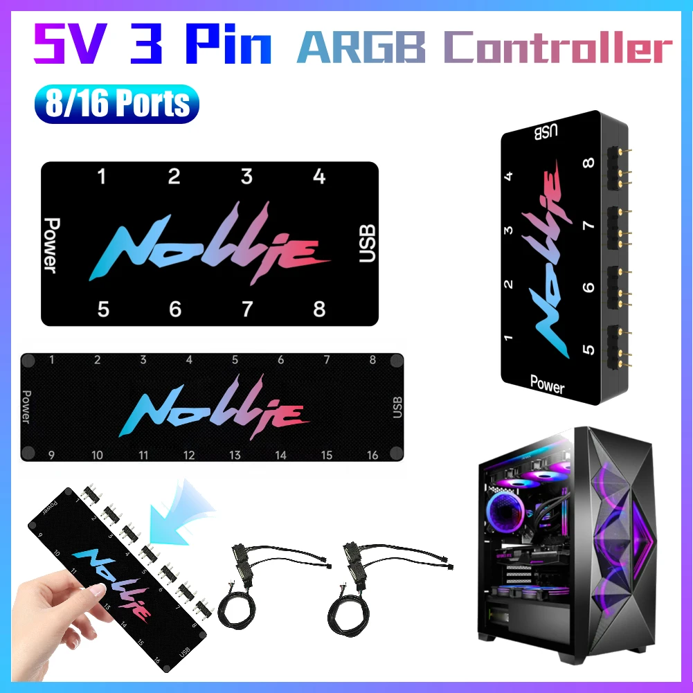 5V 3PIN ARGB Controller 8/16 Way Addressable ARGB Fan Hub Splitter Support SignalRGB OpenRGB for Extended Motherboard Interface