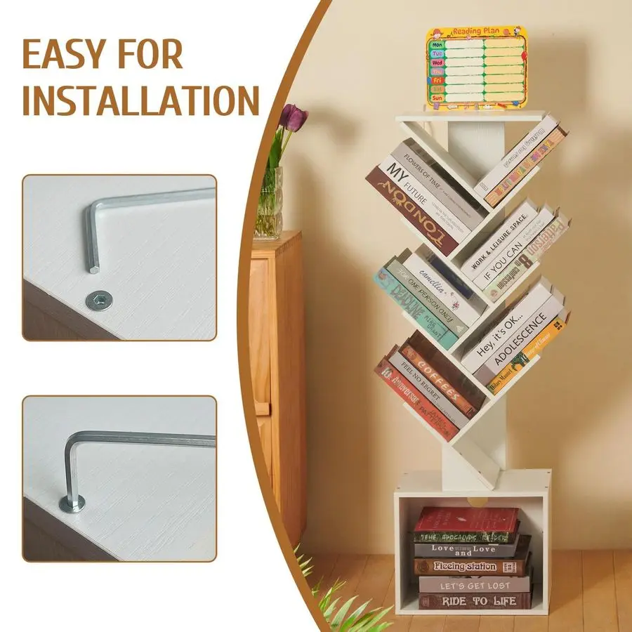 رف كتب على شكل شجرة من الطبقة، خزانة كتب صغيرة مع مخطط للقراءة ولوحة أنشطة، زاوية قائمة على الأرض حديثة، تخزين ضيق طويل القامة C