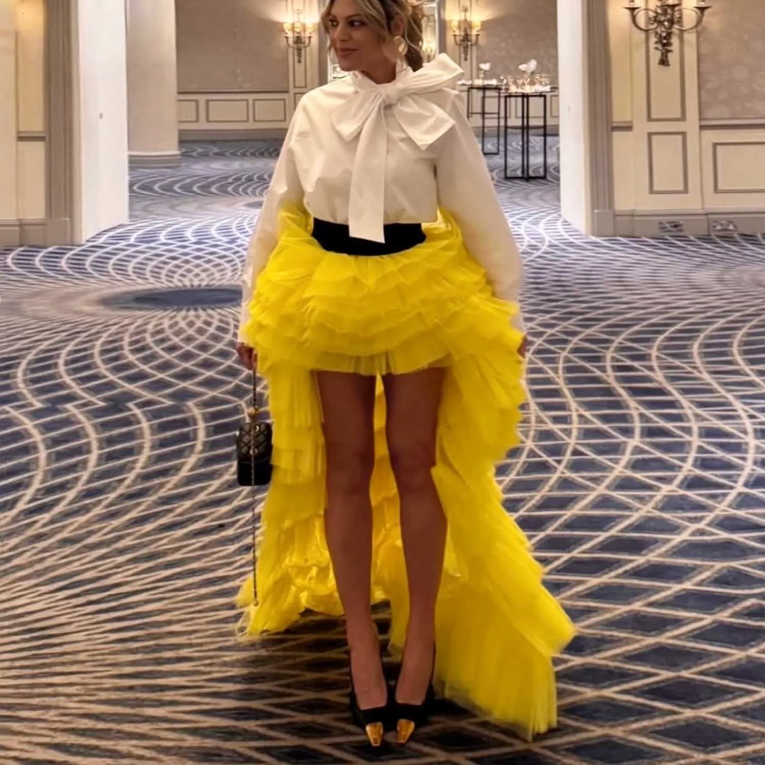 

Желтая многослойная юбка-макси с рюшами и высокой талией, асимметричная, для вечеринок, торжественных мероприятий и выпускных вечеров, на заказ